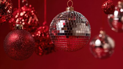 Red glitter and mirrored disco ball Christmas ornaments suspended on a vibrant red background