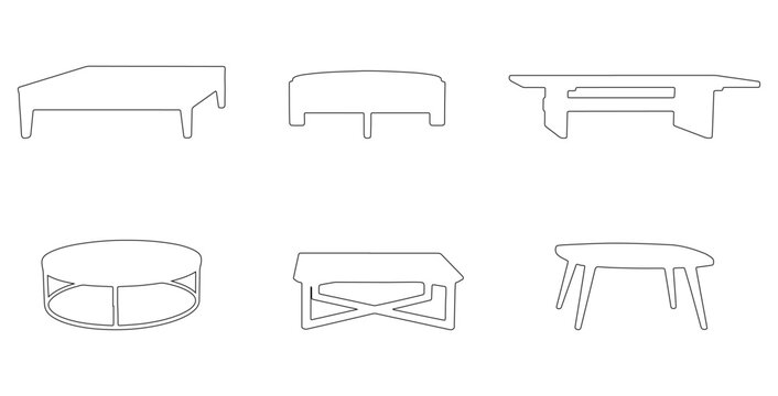 CAD drawings of multiple coffee table outline designs in front view &mdash; rectangular table, round coffee, minimalist slab, metal-frame modern, Scandinavian wooden coffee. Vector illustration