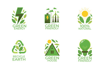 Green eco badges promoting sustainability and clean environmental care.