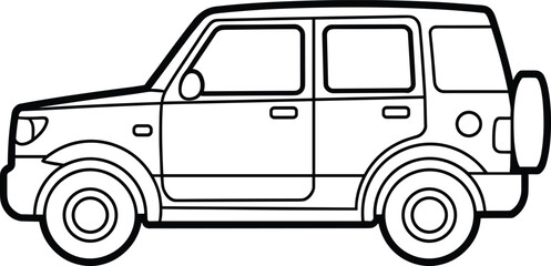 Black and white outline drawing of a four door S U V