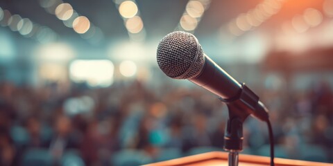 closeup of a microphone on stage - talk or conference business concept