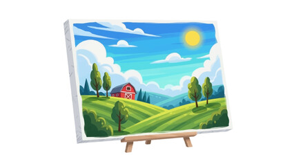 Fototapeta premium Charming rural landscape painting on an easel, showcasing a red barn amidst rolling green hills and a bright blue sky with fluffy clouds