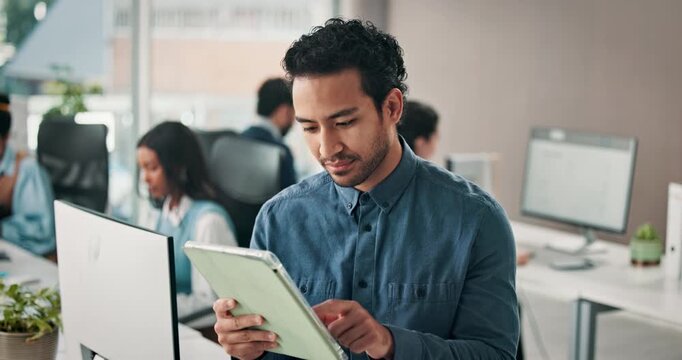 Media agency, tablet and man in office, typing and copywriting with online submission. Person, employee and journalist with tech, coworking and email for publication, magazine editor and website blog