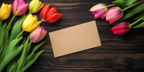 easter card background with brown blank paper label on wooden background with colorful tulips - happy easter concept background