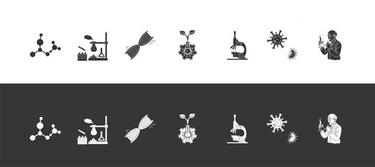 biotechnology glyph icons set includes science, laboratory, DNA, biotechnology, research, organism, scientist editable strokes with different colors and backgrounds.