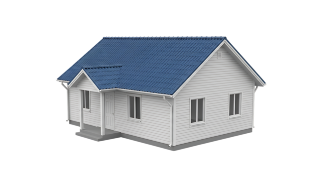 Small white house, with blue tiled roof and gray foundation, isolated on white or transparent background. PNG