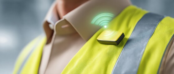 Smart wearable sensor with wireless signal on high visibility safety vest representing connected technology in industrial workforce
