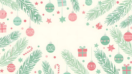 Festive Christmas Garland Border with Ornaments and Pine Branches, Holiday Background