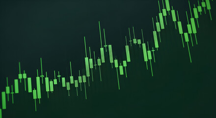 Dynamic green candlestick chart illustrating market trends and investment growth on a digital display, symbolizing financial analysis and future prospects