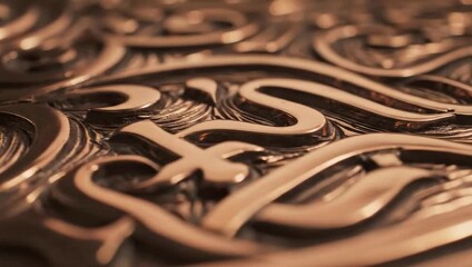 Close up of intricate copper metalwork with swirling decorative patterns and warm lighting - Powered by Adobe