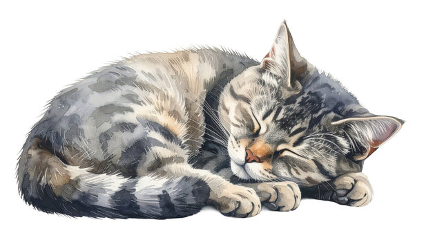 Watercolor Painting Of A Sleeping Tabby Cat On Transparent Background Pet Portrait Illustration For Animal Lovers And Home Decor Projects