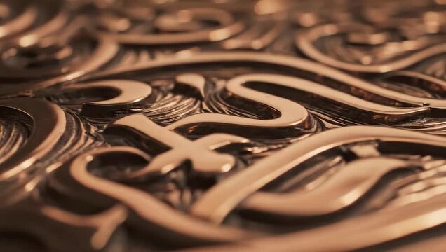 Close up of intricate copper metalwork with swirling decorative patterns and warm lighting