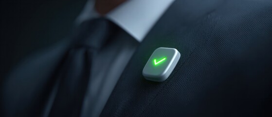 Elegant green check smart badge glowing on business suit lapel showcasing wearable technology in corporate identification systems