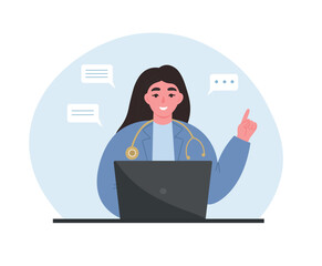 A doctor provides an online consultation from a laptop. Vector flat graphics.