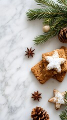 rectangular speculoos cookies background with Christmas decoration one on top of the other cover the entire background