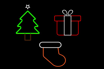 Neon Christmas Icons Set – Christmas Tree, Gift Box and Stocking Outline Design