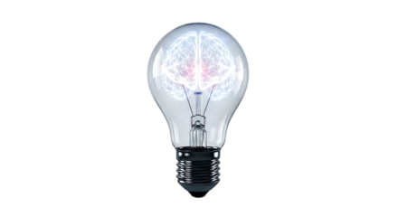 Glowing light bulb with luminous brain inside, isolated on a transparent background, cutout, PNG