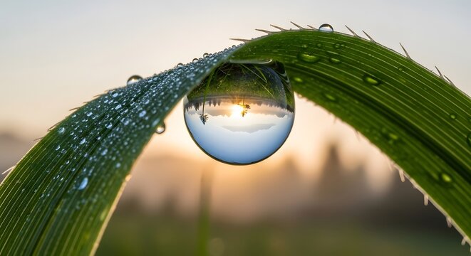 Water drop on grass blade reflecting sunrise in nature
