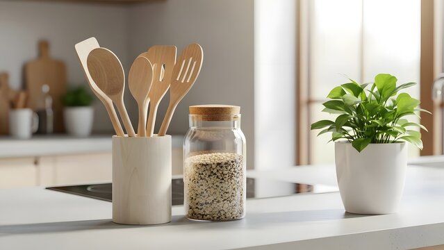 Kitchen still life with utensils plant and grain on counter top