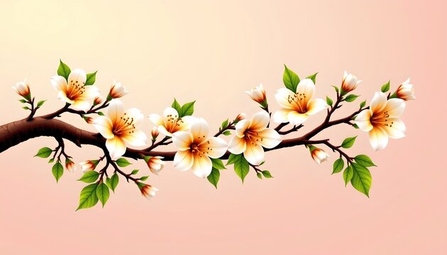 Blooming Tree Branch with White Flowers Soft Gradient Background
