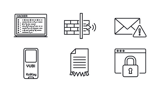 Security icons depicting hacking, firewall, phishing, YubiKey, shredding, and secure website.