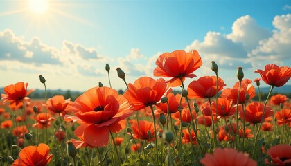 Vibrant red poppy style flower field under bright summer style sun