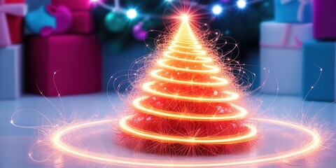 A glowing spiral holiday tree shines brightly with presents blurred gently in the background
