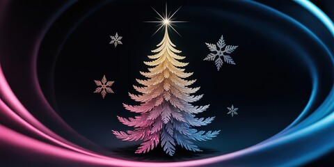 A startopped Christmas tree with snowflakes stands amidst swirling blue and pink lights, contrasting a black background