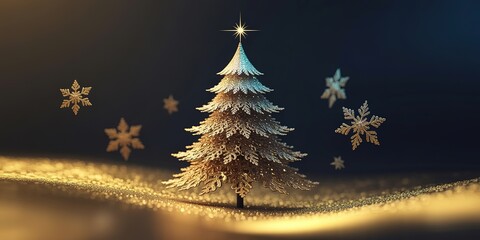 Golden Christmas tree stands elegantly with star and snowflakes on a festive background