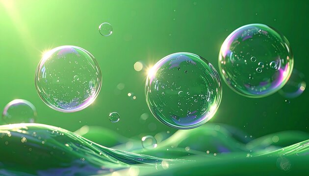 Floating, transparent orbs against a vibrant green, wavy backdrop