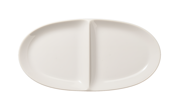 White oval divided serving plate, perfect for organized meals and bento-style dining. Modern clean design for portion control.
