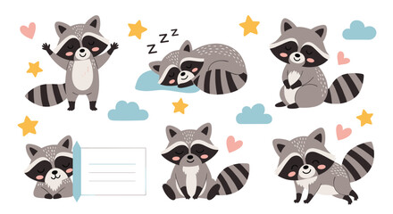 Fototapeta premium Adorable collection of a cute cartoon raccoon character in various charming poses, including sleeping, waving, and sitting happily.