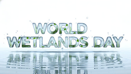 World Wetlands Day text with splashes of water and reflections