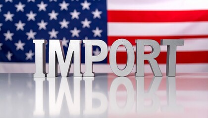 Metallic 3D “IMPORT” text with US flag backdrop and glossy reflection on dark surface