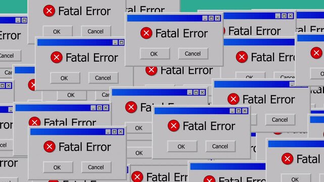 retro computer error windows popping up on the screen, retro animation (seamless loop) featuring a chaotic, repeating cascade of classic "Fatal Error" pop-up windows, symbolizing system failure.