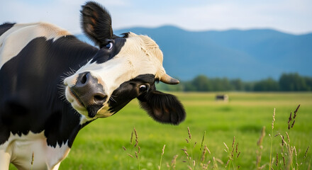 Black and white cow looking curiously in green pasture with mountains