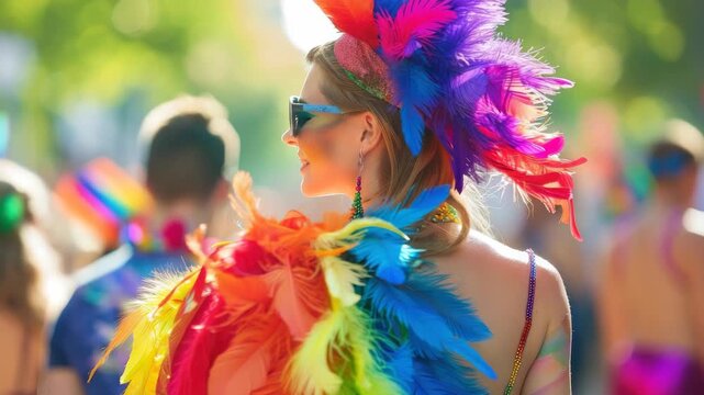 Person in vibrant feather boa and sunglasses at outdoor event
