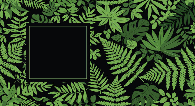 Elegant background of lush green tropical leaves and foliage with a central black square providing space for custom text.