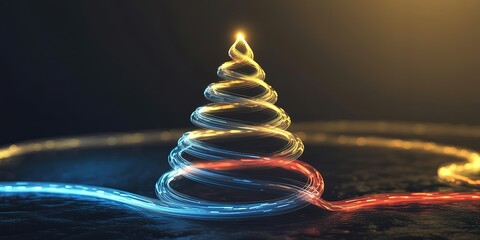 A glowing abstract Christmas tree stands tall and elegant with a long, winding light