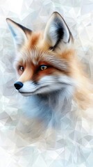 Obraz premium A close-up portrait of a red fox's face, looking to the left, against a soft, abstract geometric background with cool tones.