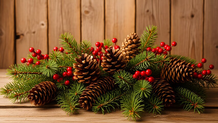 Festive Pinecone and Holly Berry Christmas Decoration on a Wooden Background