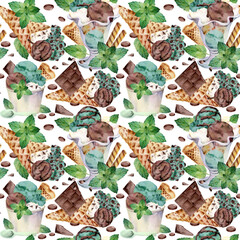 Chocolate chip mint ice cream in paper cup, sundae bowl, waffle cone. Waffles and flakes. Isolated seamless pattern illustration hand drawn in watercolor. Sweet food blog background, packaging detail
