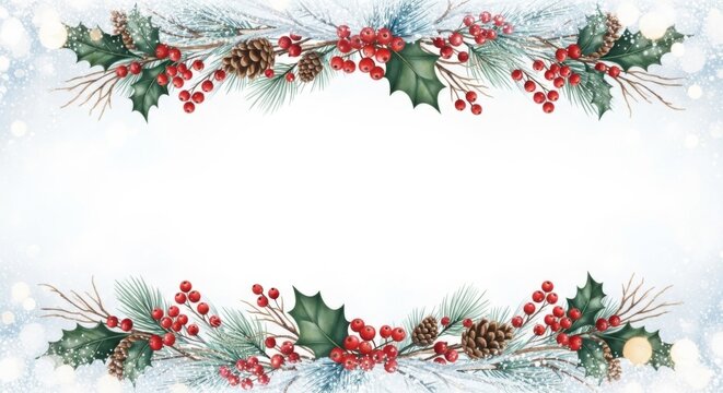 Zarte winterliche Zweige mit Beeren und Zapfen rahmen eine helle Fl&auml;che leicht und festlich ein Generative KI