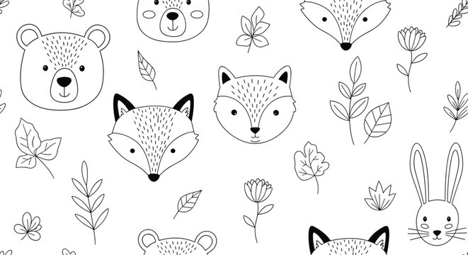 Seamless black and white pattern of cute woodland animal faces including bears, foxes, and rabbits with leaves in a simple doodle style.