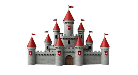 Stone Medieval Castle with Red Conical Roofs and Swiss Flags, isolated on a transparent background, cutout, PNG