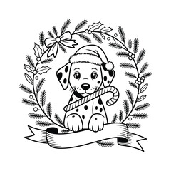 Dalmatian Puppy Wearing a Santa Hat Holding a Candy Cane Inside a Christmas Wreath Keywords: puppy, dog, Dalmatian, animal, pet, Santa hat, Christmas, holiday, candy cane, wreath, holly, pine