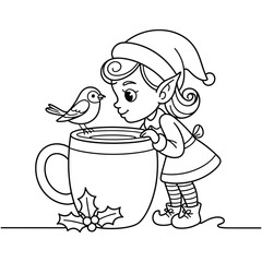 Cute Elf Peering into a Mug with a Bird Perched on Top gnome fairy