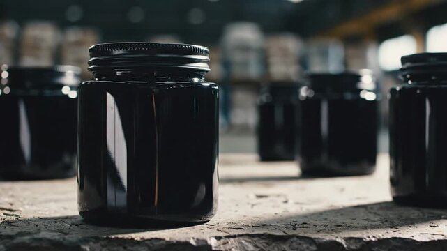 Dark glass jars arranged on textured surface in industrial setting production and packaging
