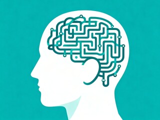 Minimalist flat vector illustration of a human head silhouette filled with an intricate maze symbolizing the confusion of anxiety and complex cognitive patterns in mental health.