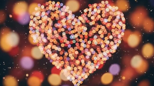 A visually captivating and romantic abstract background featuring a shimmering heart shape composed entirely of soft, colorful bokeh lights. The warm tones of red, orange, yellow, and subtle purple gl